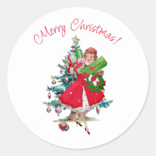 1950 Christmas Vintage Lady  Classic Round Sticker