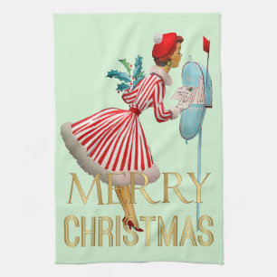 1950 Christmas Vintage Lady Merry Christmas Tea Towel