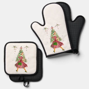 1950 Christmas Vintage Lady Oven Mitt & Pot Holder Set