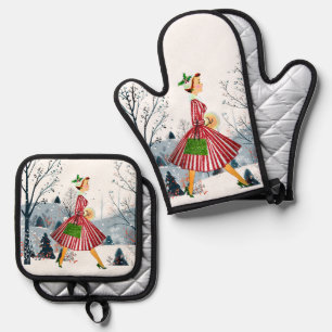 1950 Christmas Vintage Lady Oven Mitt & Pot Holder Set