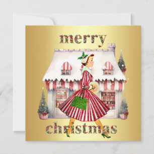 1950 Christmas Vintage Lady Shopping Holiday Card