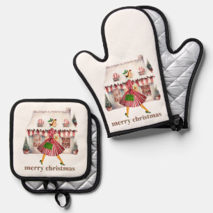 1950 Christmas Vintage Lady Shopping Oven Mitt & Pot Holder Set