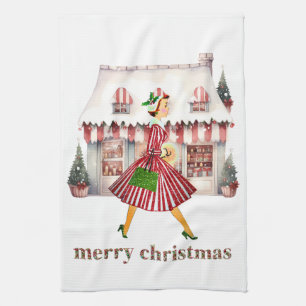 1950 Christmas Vintage Lady Shopping Tea Towel