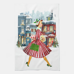 1950 Christmas Vintage Lady  Tea Towel