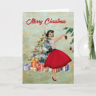 1950 Christmas Woman with Christmas Tree Card