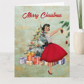 1950 Christmas Woman with Christmas Tree Card