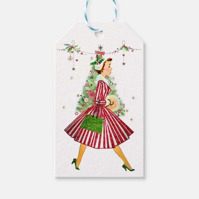 1950 Christmas Woman with Christmas Tree Gift Tags (Front)