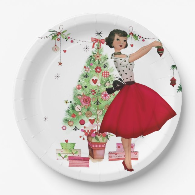 1950 Christmas Woman with Christmas Tree Paper Plate (Front)