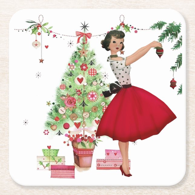 1950 Christmas Woman with Christmas Tree Square Paper Coaster (Front)