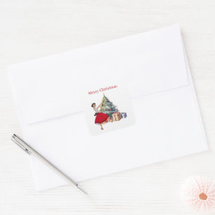 1950 Christmas Woman with Christmas Tree Square Sticker