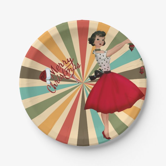 1950 Christmas Woman with Retro Background Paper Plate (Front)