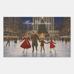 1950 Family Christmas New York Ice Skating Rink Rectangular Sticker