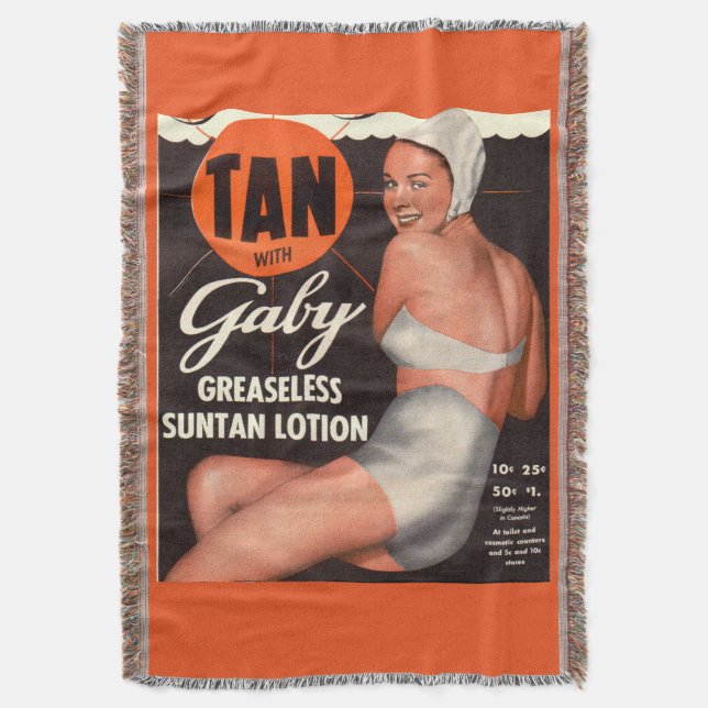 1950 Gaby Suntan Lotion ad Throw Blanket (Front Vertical)