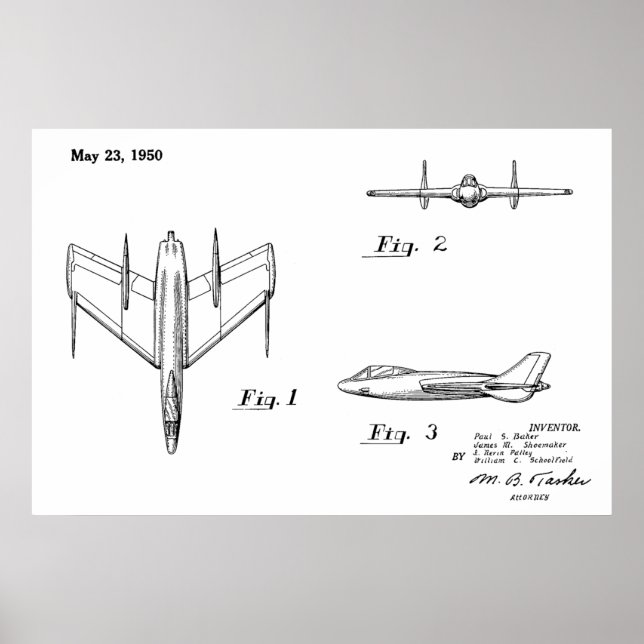 1950 Jet Aeroplane Patent Drawing Art Print (Front)