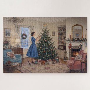 1950 Lady Decorating Xmas Tree Merry Christmas Jigsaw Puzzle