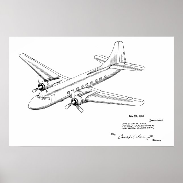1950 Passenger Aeroplane Patent Art Drawing Print (Front)