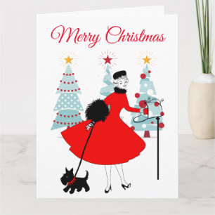 1950 Vintage Christmas Lady with Scottish Terrior  Card