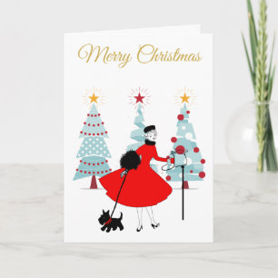 1950 Vintage Christmas Lady with Scottish Terrior Card