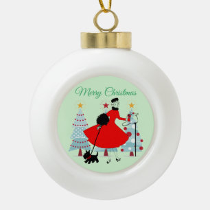 1950 Vintage Christmas Lady with Scottish Terrior  Ceramic Ball Christmas Ornament