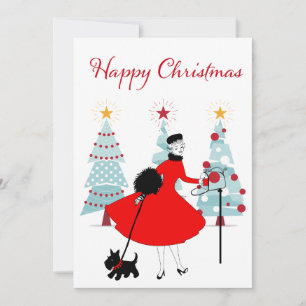 1950 Vintage Christmas Lady with Scottish Terrior Holiday Card