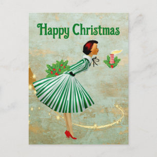 1950 Vintage Christmas woman Postcard