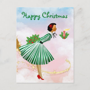 1950 Vintage Christmas woman Postcard