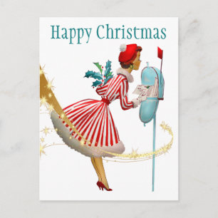 1950 Vintage Christmas woman with gifts Postcard