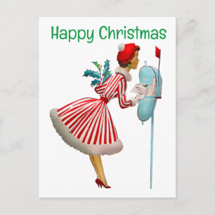 1950 Vintage Christmas woman with gifts Postcard