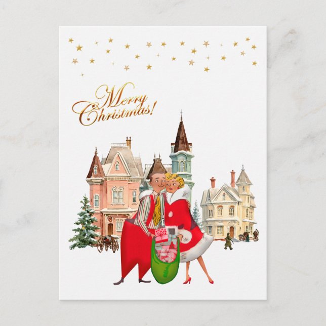 1950 Vintage Couple Merry Christmas Postcard (Front)