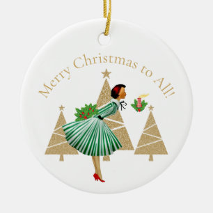 1950 Vintage Lady Christmas Greetings Ceramic Ornament