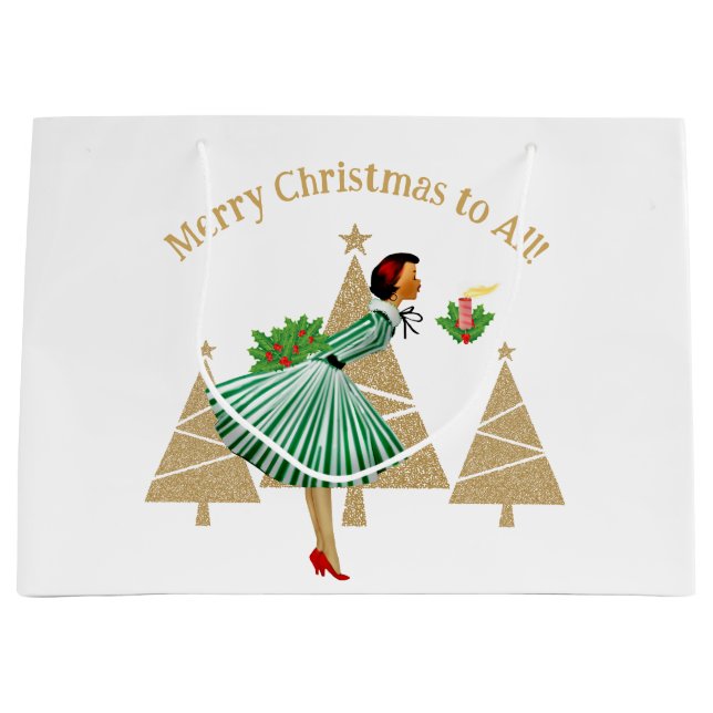 1950 Vintage Lady Christmas Greetings Large Gift Bag (Front)