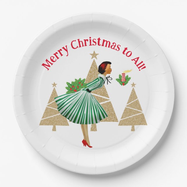 1950 Vintage Lady Christmas Greetings Paper Plate (Front)
