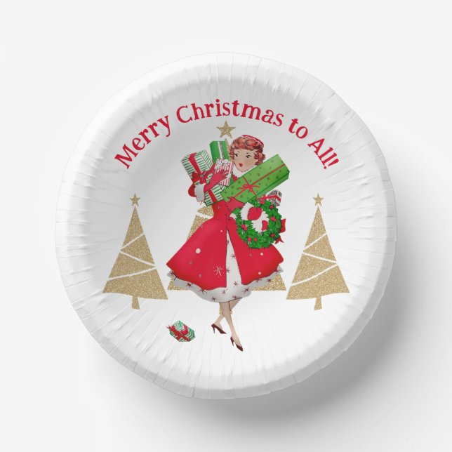 1950 Vintage Lady Christmas Greetings Paper Plate (Front)
