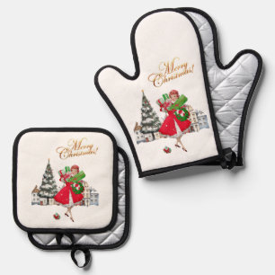 1950 Vintage Lady Christmas Shopping for Gifts Oven Mitt & Pot Holder Set