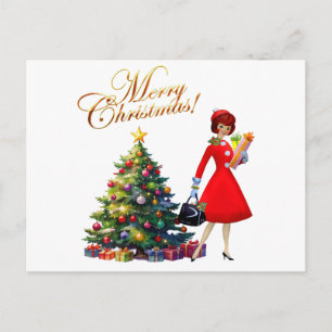 1950 Vintage Lady Christmas Shopping for Gifts    Postcard