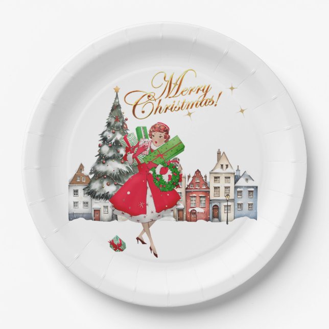 1950 Vintage Lady Christmas Shopping  Paper Plate (Front)