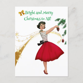1950 Vintage Lady Decorating Christmas Tree Holiday Postcard