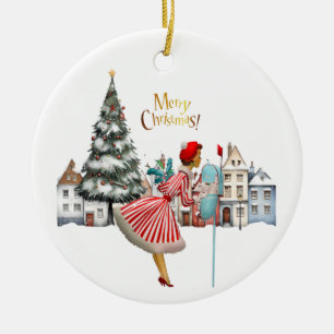 1950 Vintage Lady Posting Christmas Greetings Ceramic Ornament