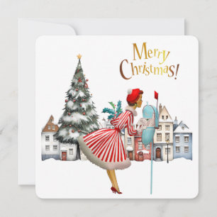 1950 Vintage Lady Posting Christmas Greetings Holiday Card