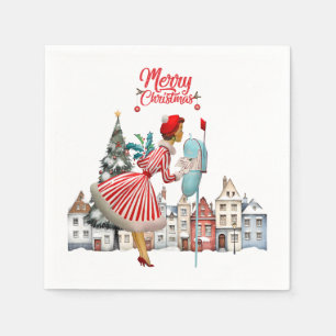 1950 Vintage Lady Posting Christmas Greetings Napkin