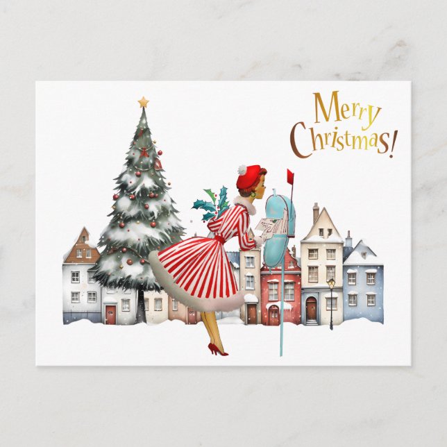 1950 Vintage Lady Posting Christmas Greetings Postcard (Front)