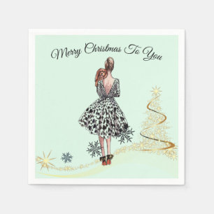 1950 vintage woman with gold Christmas tree Napkin