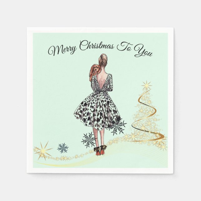 1950 vintage woman with gold Christmas tree Napkin (Front)