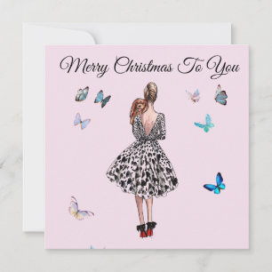1950 Woman with Butterflies Christmas Greeting Card