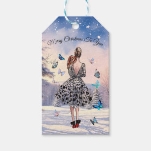 1950 Woman with Butterflies Christmas Greeting Gift Tags