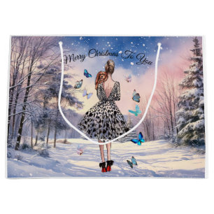 1950 Woman with Butterflies Christmas Greeting Large Gift Bag
