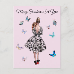 1950 Woman with Butterflies Christmas Greeting Postcard