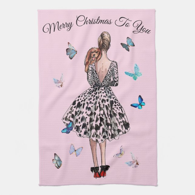 1950 Woman with Butterflies Christmas Greeting Tea Towel (Vertical)