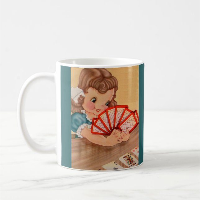 1950s adorable little girl playing cards coffee mug (Left)