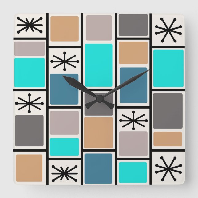1950s Atomic Age Rectangles Starbursts Square Wall Clock (Front)